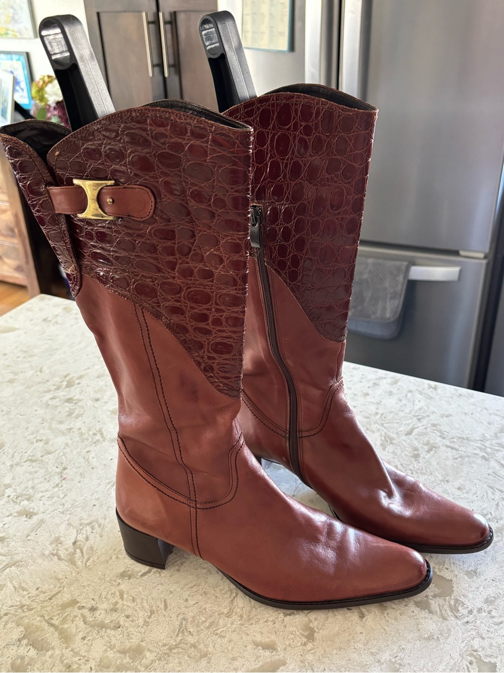 Cognac Croc-Effect Mid-Calf Heeled Boots with Gold Buckle